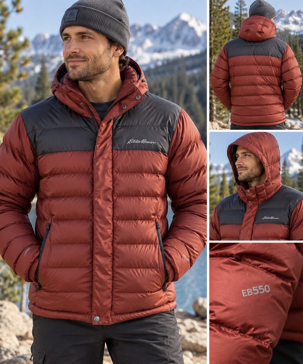 Eddie Bauer EB550 Down Puffer Jacket Mens XL Rust Gray Hooded 550 Fill